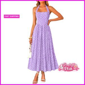 Sleeveless Floral Maxi Dress Halter Neck A Line Wedding Guest